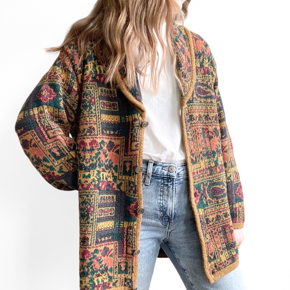 VINTAGE Paisley Floral Print Button Front Cardigan Sweater Liz Claiborne